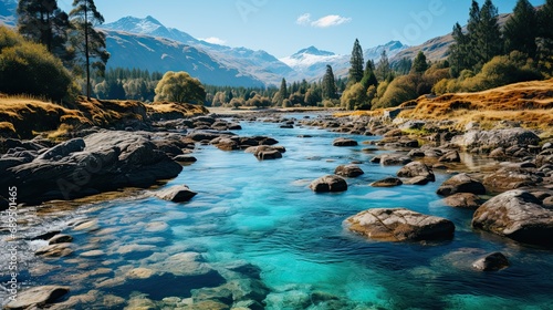 Crystal clear mountain river with autumn foliage