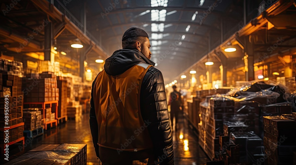 Male worker warehouseman in a large warehouse with marketplace boxes for online trading and delivery of goods
