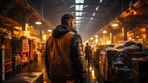 Male worker warehouseman in a large warehouse with marketplace boxes for online trading and delivery of goods photo