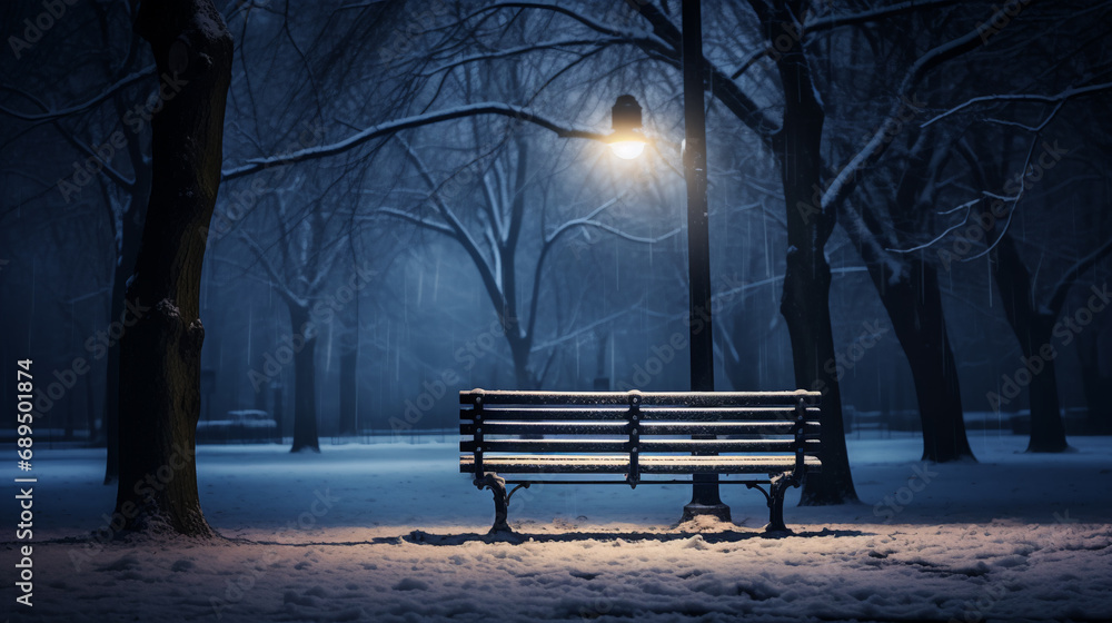 snow covered bench sits in a snowy park with a park light, AI Generative.