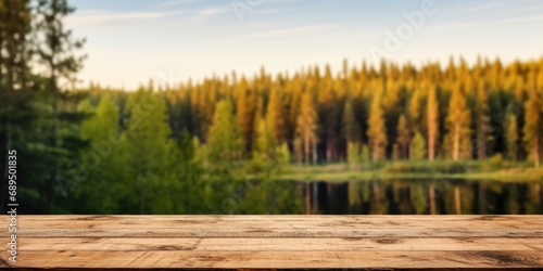 The empty wooden brown table top with blur background of Finland nature. Exuberant image. generative AI