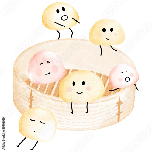 Group of smiling Chinese steamed buns sitting on bamboo steamer cartoon photo