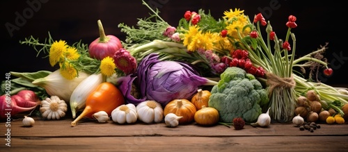 Assorted vegetables and wildflowers on a rustic wooden table, with selected focus