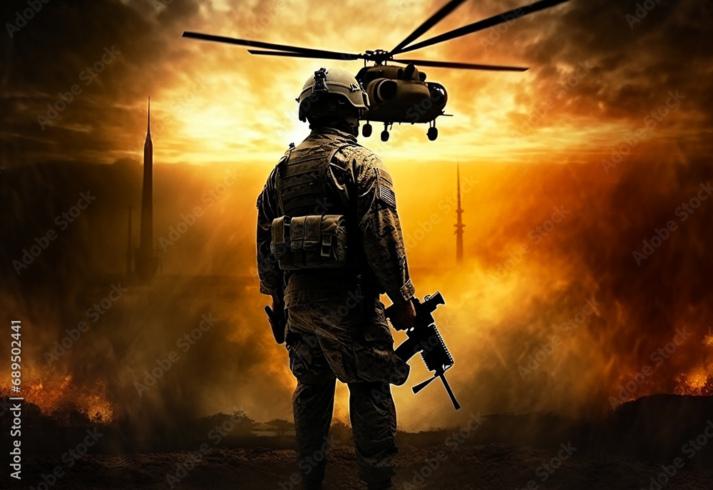 Military personnel in uniform and armor during battles with helicopters in the sky in the background Generative Ai Military personnel in uniform and armor during battles with helicopters in the sky in the background Generative Ai