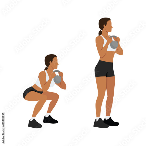 Woman doing Kettlebell goblet squat exercise. Flat vector illustration isolated on white background