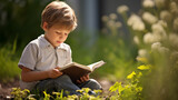Little boy reading the Bible book outdoors
