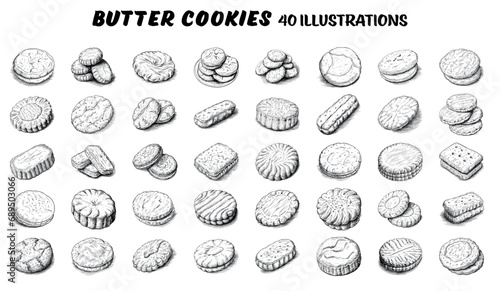 Collection of drawn butter cookies. Sketch illustration	