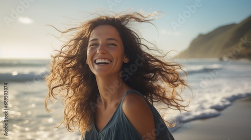 Blissful woman on a beach vacation, smiling broadly with joy and gratitude, embodying happiness by the serene ocean