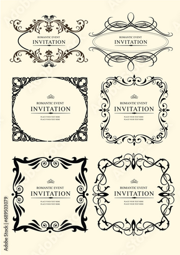 Set of ornate vector frames and ornaments with sample text. Perfect as invitation or announcement. All pieces are separate. Easy to change colors and edit. Hand drawn illustration