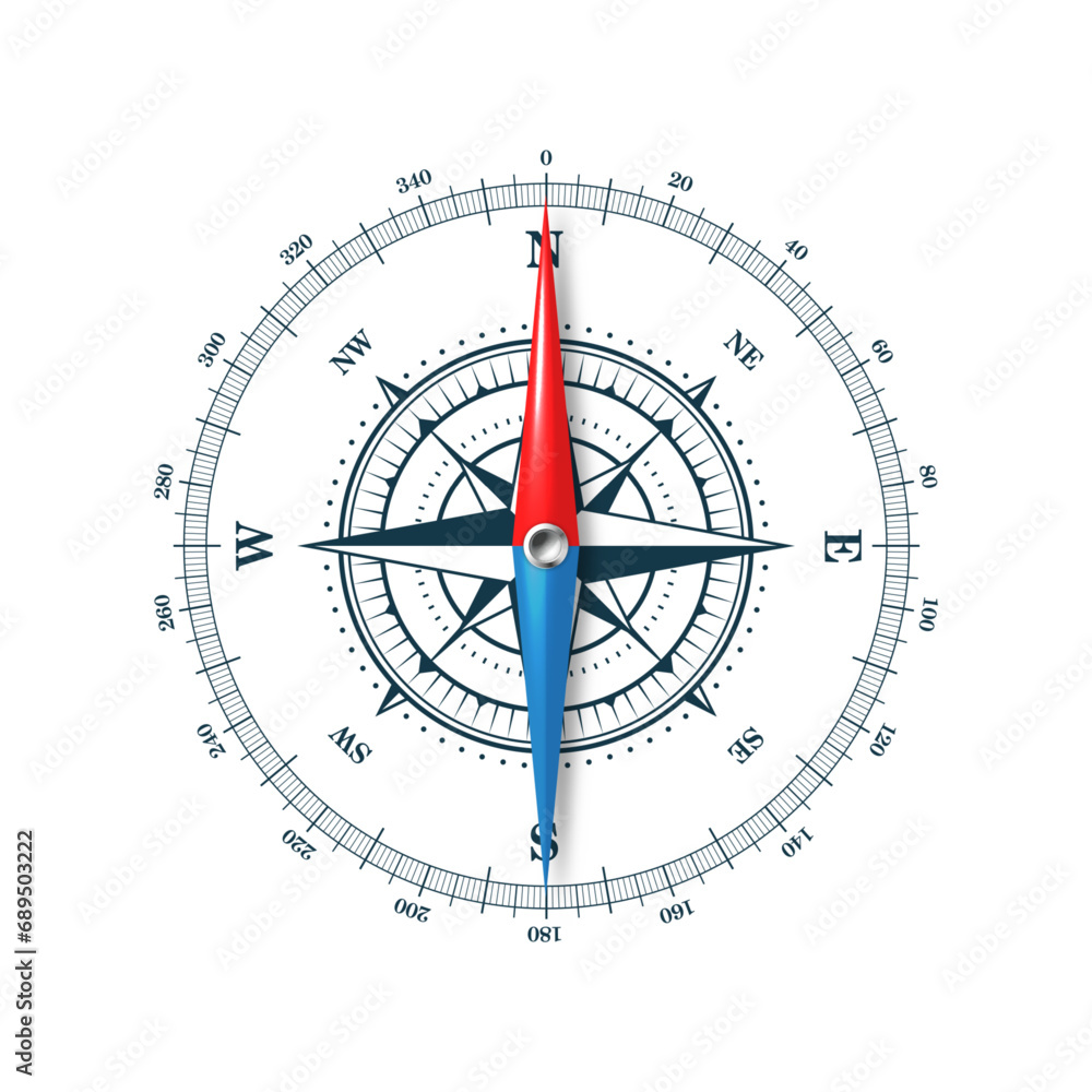 Marine compass, nautical wind rose with cardinal directions of North, East, South, West and degree markings. Geographical position and orientation, cartography and navigation. Vector illustration Marine compass, nautical wind rose with cardinal directions of North, East, South, West and degree markings. Geographical position and orientation, cartography and navigation. Vector illustration