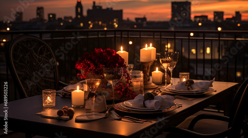 Rooftop Romance candlelit dinner with a cityscape view. Generative ai photo