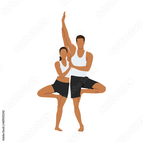 Young sporty couple smiling happy. Standing with smile on face practicing yoga doing tree pose. Couple Vrksasana. Flat vector illustration isolated on white background