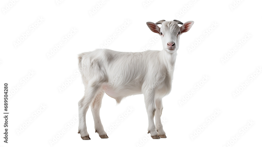 A white goat standing, isolated on transparent or white background, png