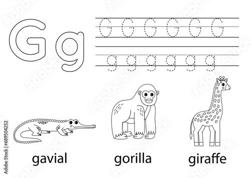 Trace uppercase and lowercase letter G. Animal alphabet for kids.