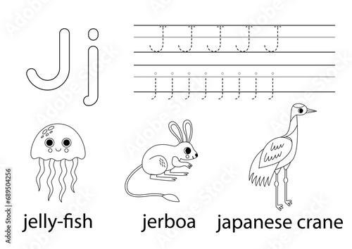Trace uppercase and lowercase letter J. Animal alphabet for kids.