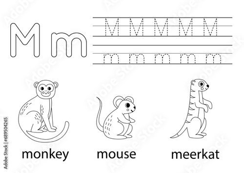 Trace uppercase and lowercase letter M. Animal alphabet for kids.