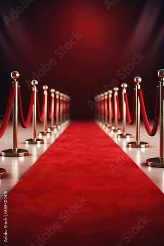 Red carpet with red rope barrier in a row. VIP event photo