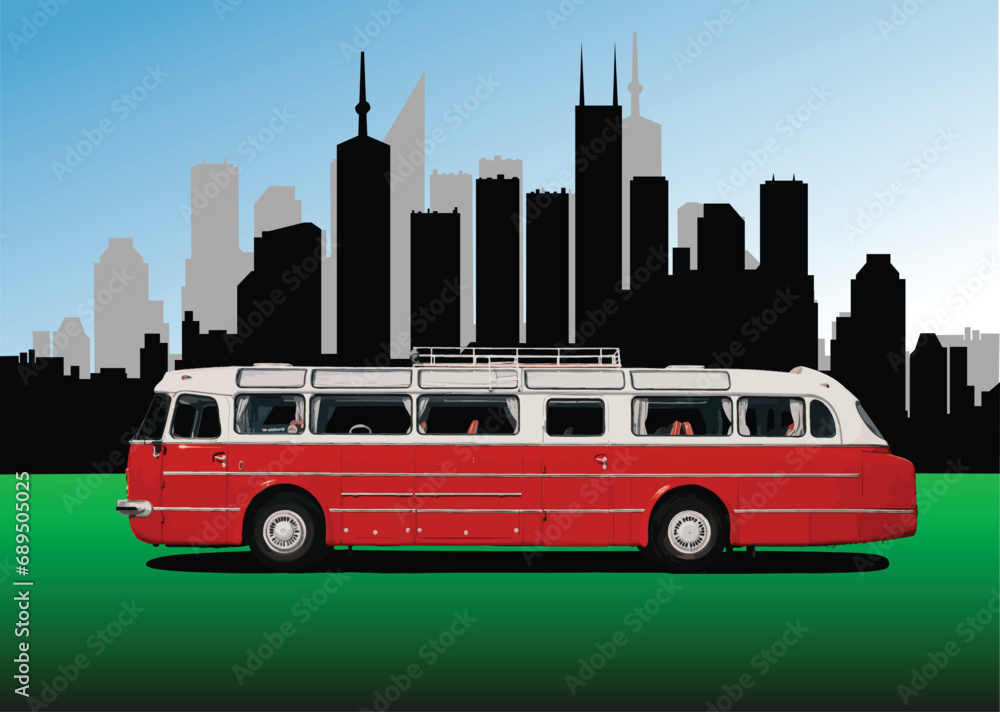Red  City bus on the road. Coach. Vector 3d hand drawn illustration