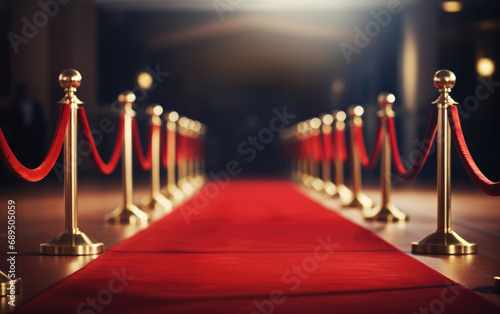 Red carpet with red rope barrier in a row. VIP event