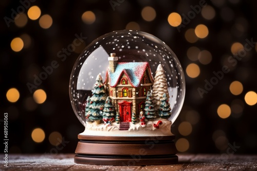 a closeup photo of a snowglobe with a little Christmas house inside, Christmas background © Elvin