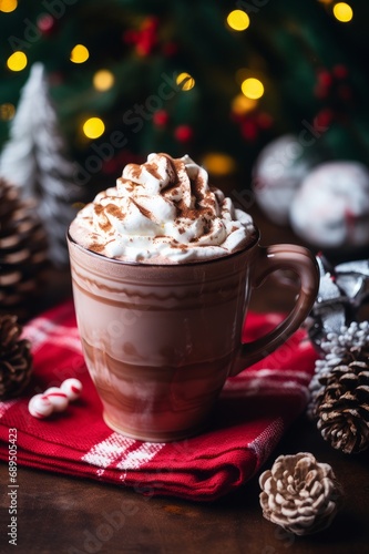 a photo of a table with a big mug with hygge pattern, filled with hot chocolate milk with whipped cream, Christmas colors 
