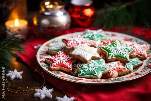 a plate with glazed Christmas cookies, on a decorated table, Christmas colors