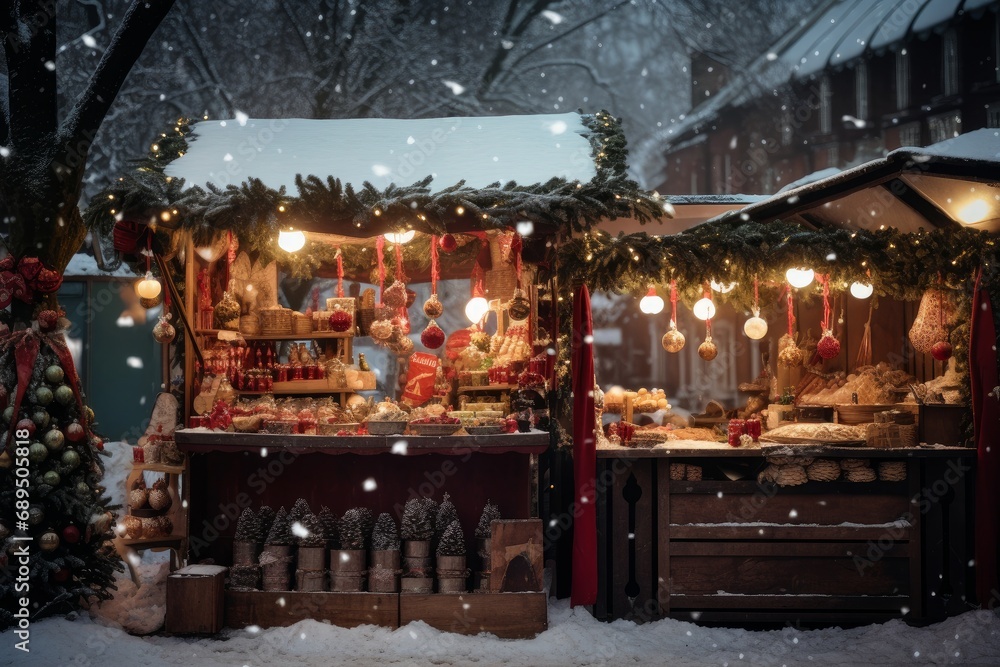 a photo of Christmas stall selling baubles, on a Christmas market, snowy day