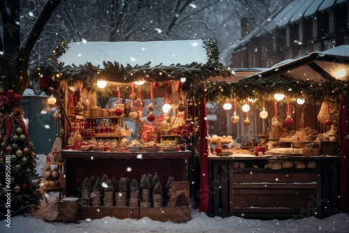 a photo of Christmas stall selling baubles, on a Christmas market, snowy day
