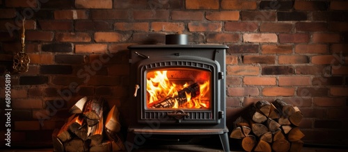 Fire-wood burning in wood-fired stove, rack in front of brick wall. photo