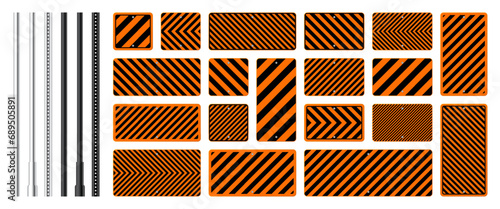 Warning, danger signs, attention banners with metal poles. Orange caution sign, construction site signage. Notice signboard, warning banner, road shield. Vector illustration