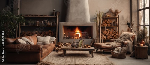 Cozy living room with bohemian decor, leather sofa, armchair, fireplace, and lived-in feel.
