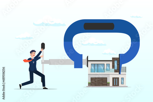 Businessman home owner using big clamp to squeezing house metaphor of refinancing mortgage, house mortgage refinance, reduce cost or interest payment, manage budget to pay for best house deal (Vector)