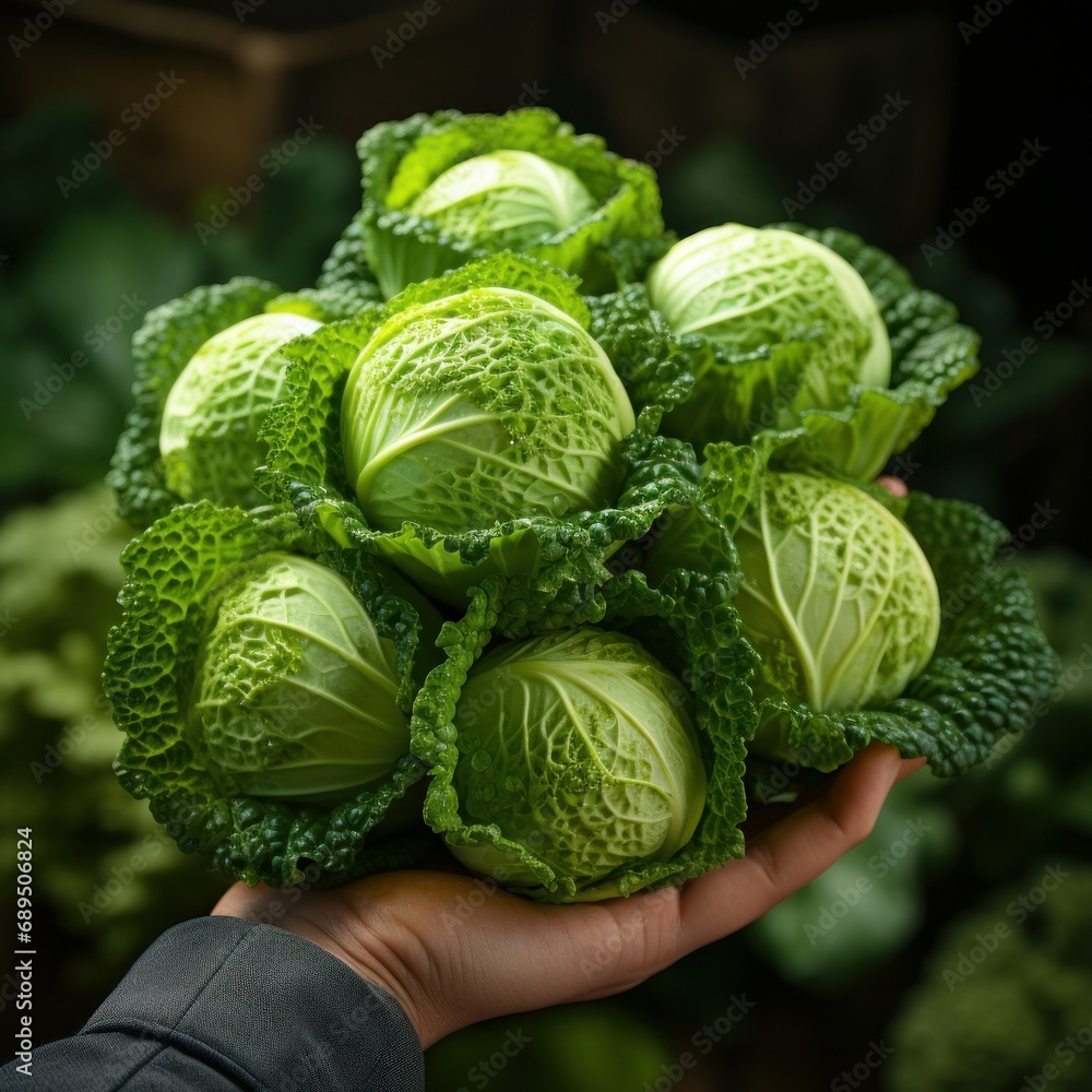 Fototapeta premium Fresh Garden Cabbage picked from the bush. Healthy Vegetarian Diet. 