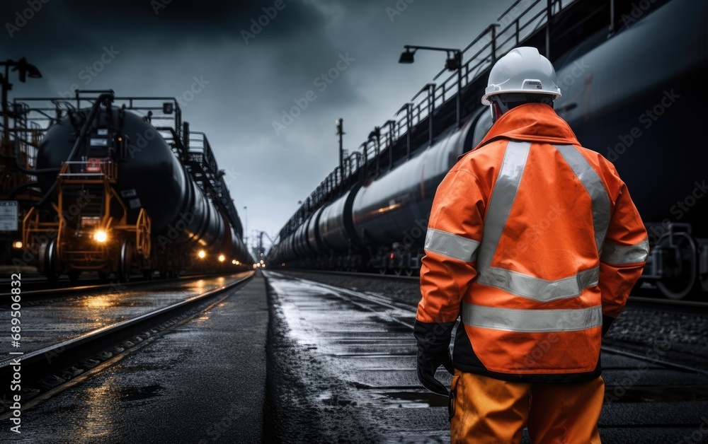 Worker in front of a freight train with oil Worker in front of a freight train with oil