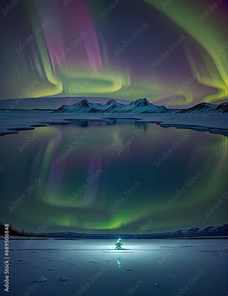 brightly colored aurora lights shine brightly over a lake and mountains