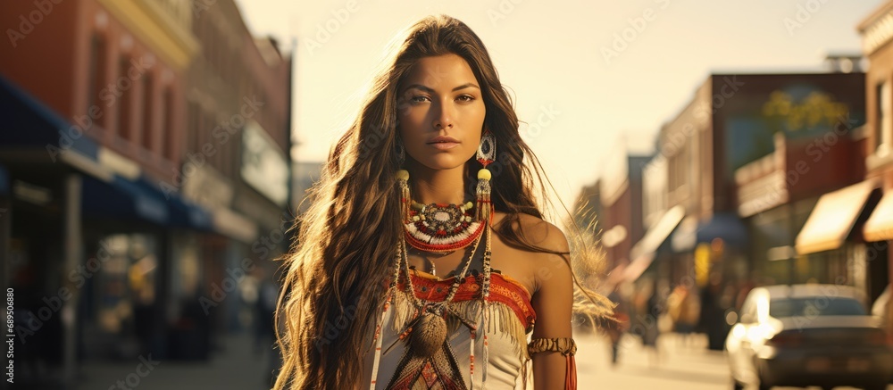Stylish Native American woman strolling empowered city streets.