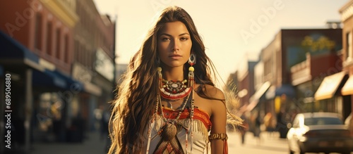 Stylish Native American woman strolling empowered city streets.