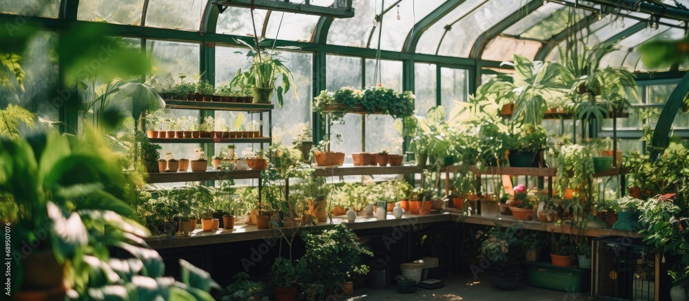 Indoor greenhouse growing tropical plants under glass roof for study or sale in flower shop.