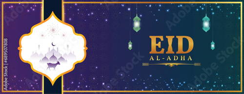Bakrid eid al adha wishing or greeting card or social media post or banner islamic design with mosque, goat or cloud white background Vector