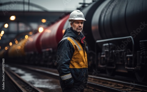 Worker in front of a freight train with oil