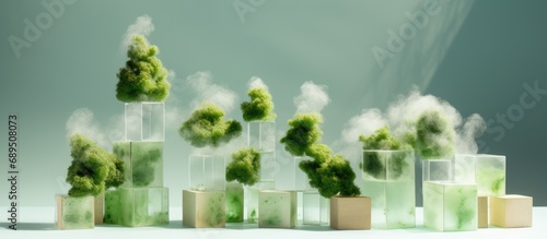 CO2 cubes visualized in tons. Industry emits greenhouse gases and pollution. Reducing emissions to combat climate change. photo