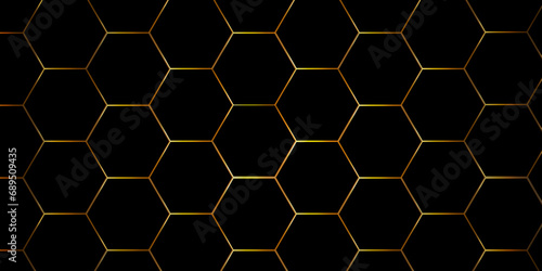 Seamless pattern with hexagonal black and gray technology line paper background. Hexagonal vector grid tile and mosaic structure mess cell. dark black hexagon honeycomb geometric gold line copy space.