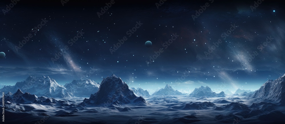 Illustrative 2D depiction of its frigid, dark cosmic environment with starry depths.