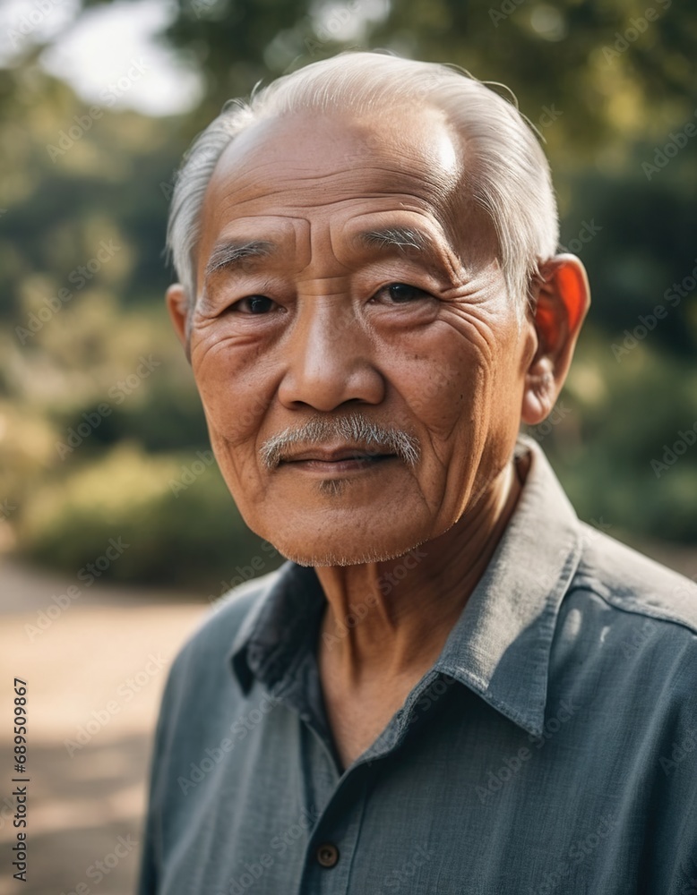 An old man of Asian appearance in a cap on the background of nature An old man of Asian appearance in a cap on the background of nature