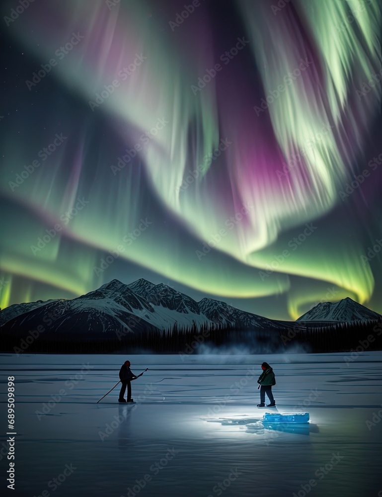 two people are skiing on a frozen lake under a colorful sky