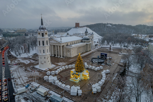 Aerial winter morning sunrise view of Cathedral Square, Vilnius old town, Christmas Tree, Lithuania