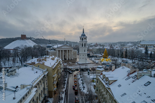 Aerial winter morning sunrise view of Cathedral Square, Vilnius old town, Christmas Tree, Lithuania