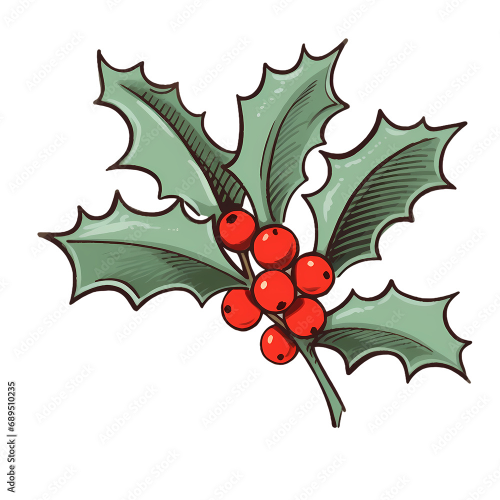 Hand drawn holly leaves and berries isolated on transparent background Hand drawn holly leaves and berries isolated on transparent background