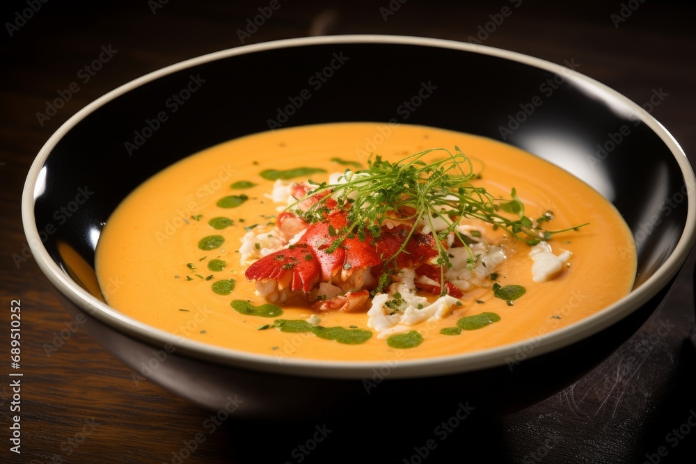 Photo of a bowl of rich and creamy lobster bisque soup. Generative AI