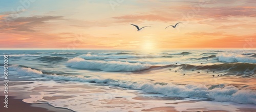 Seashore scene at sunset with seagulls, pastel colors, and Baltic Sea.
